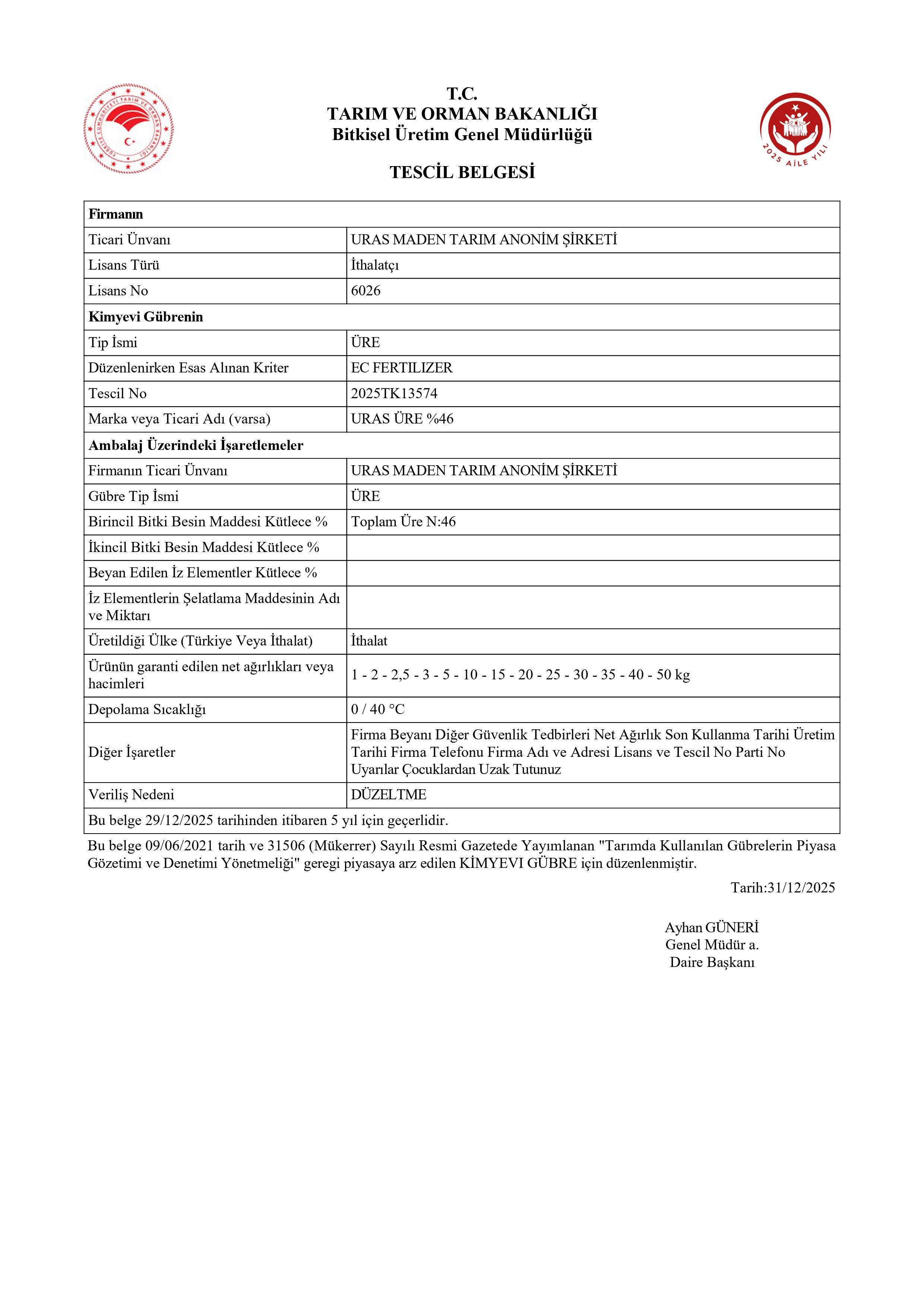 Üre Tescil Belgesi
